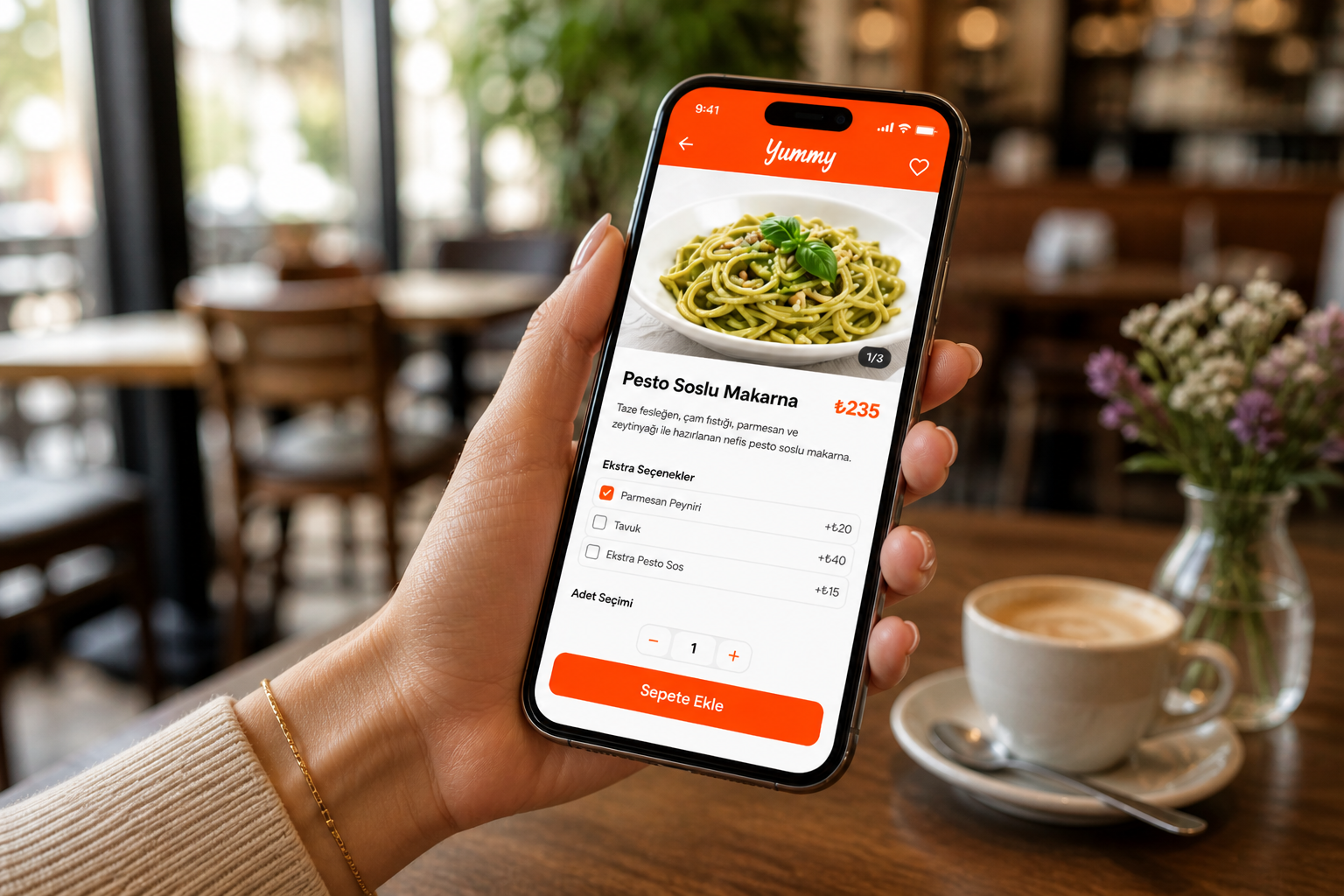 Kafede elde telefonla Yummy ürün detay ekranı