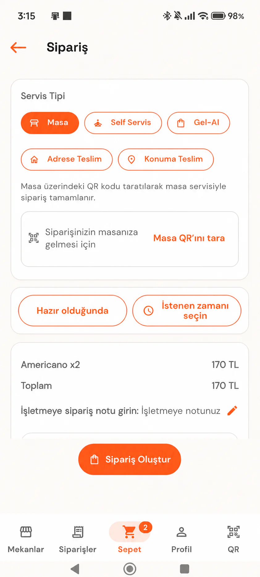 Yummy QR sipariş ekranı