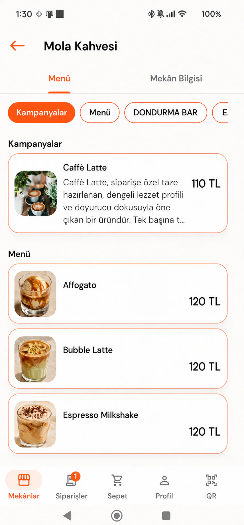 Yummy dijital menü ekranı